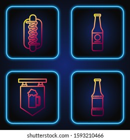 Set line Beer bottle, Street signboard with glass of beer, Hotdog sandwich with mustard and Beer bottle. Gradient color icons. Vector