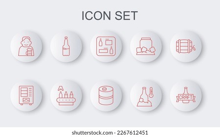 Set line Beer bottle, Vending machine, menu, Cold beer, Happy man with, Plastic, Conveyor band, and Metal keg icon. Vector