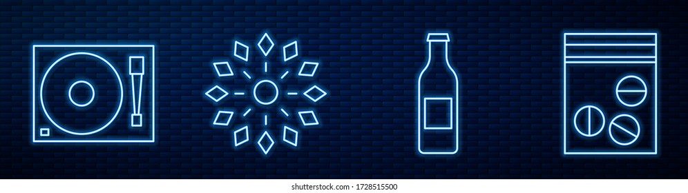 Set line Beer bottle, Vinyl player with a vinyl disk, Firework and Plastic bag of drug. Glowing neon icon on brick wall. Vector