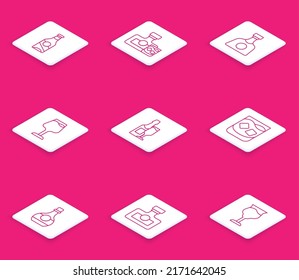 Set line Beer bottle, Whiskey and glass, Tequila, Wine, Champagne, Glass of whiskey, Bottle cognac or brandy and Alcohol drink Rum icon. Vector