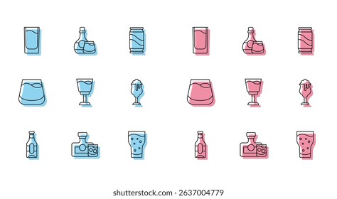 Set line Beer bottle, Whiskey and glass, Shot, Glass of beer, Wine, whiskey and  icon. Vector