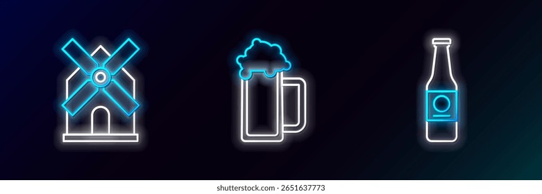 Set line Beer bottle, Windmill and Glass of beer icon. Glowing neon. Vector