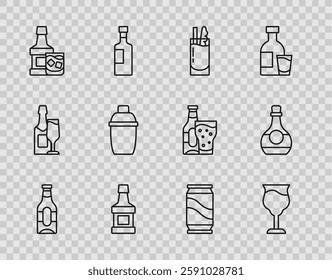 Set line Beer bottle, Wine glass, Cocktail Bloody Mary, Whiskey, and, shaker, can and Bottle of cognac or brandy icon. Vector