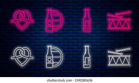 Set line Beer bottle and wooden barrel, Beer bottle, Pretzel and Musical instrument drum and drum sticks. Glowing neon icon on brick wall. Vector