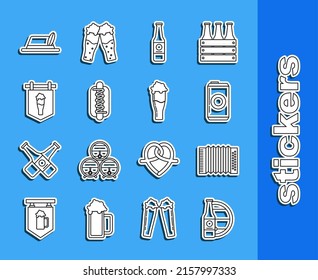 Set line Beer bottle and wooden barrel, Musical instrument accordion, can, Hotdog sandwich with mustard, Street signboard glass of beer, Oktoberfest hat and Glass icon. Vector