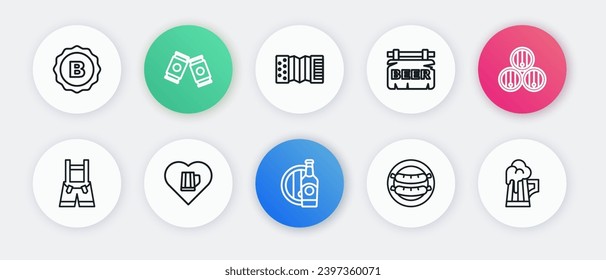 Set line Beer bottle and wooden barrel, Wooden, Lederhosen, Sausage, Street signboard with, Accordion, beer mug and Heart glass of icon. Vector