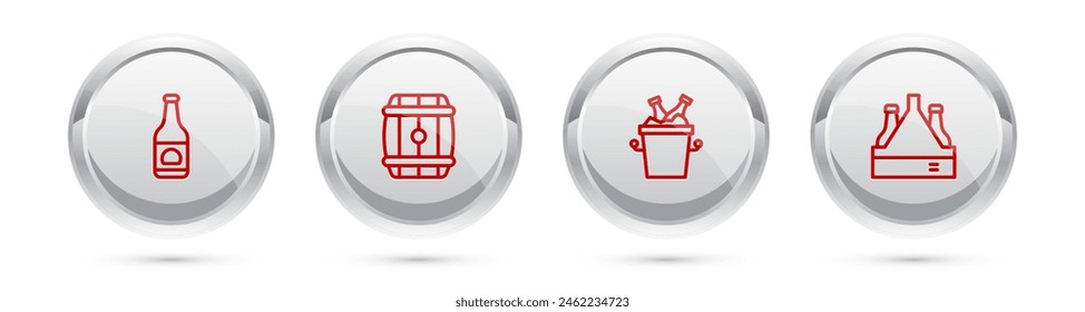 Set line Beer bottle, Wooden barrel, bottles in ice bucket and Pack of beer. Silver circle button. Vector