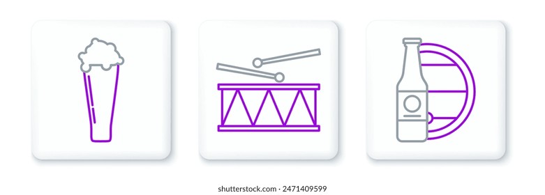 Set line Beer bottle and wooden barrel, Glass of beer and Musical instrument drum drum sticks icon. Vector