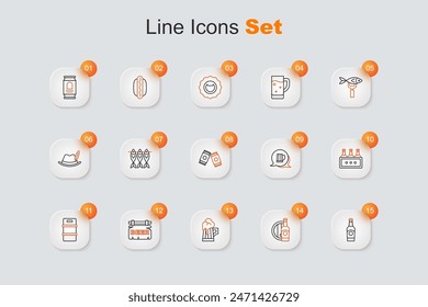 Set line Beer bottle, and wooden barrel, Wooden beer mug, Street signboard with, Metal keg, Pack of bottles,  and can icon. Vector