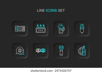 Set line Beer bottle and wooden barrel, Bottle opener, Pretzel, Wooden beer mug, Salami sausage, Glass of, Pack bottles and Accordion icon. Vector