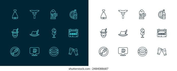 Set line Beer bottle and wooden barrel, Wooden beer mug, Glass of, Sausage, Oktoberfest hat, Chicken leg and on the fork icon. Vector