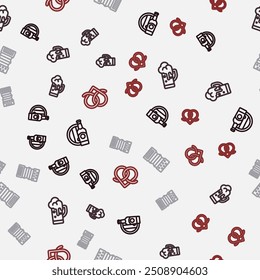 Set line Beer bottle and wooden barrel, Glass of beer, Accordion and Pretzel on seamless pattern. Vector