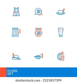 Set line Beer bottle and wooden barrel, Trumpet, Oktoberfest hat, Glass of beer, Wooden mug, Street signboard with,  and  icon. Vector