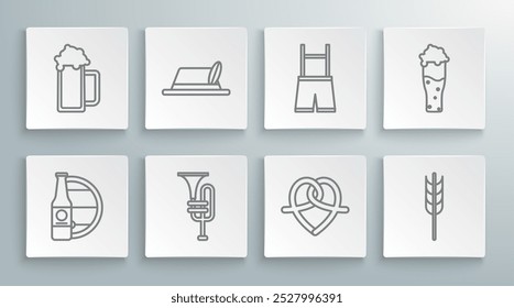 Set line Beer bottle and wooden barrel, Oktoberfest hat, Musical instrument trumpet, Pretzel, Cereals set with rice, wheat, corn, oats, rye, barley, Lederhosen, Glass of beer and  icon. Vector