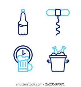 Set line Beer bottles in ice bucket, Happy hour, Wine corkscrew and Plastic beer icon. Vector