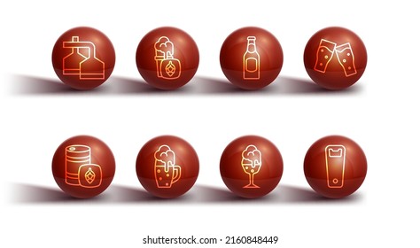 Set line Beer brewing process, Metal beer keg, Glass of, Bottle opener and bottle icon. Vector