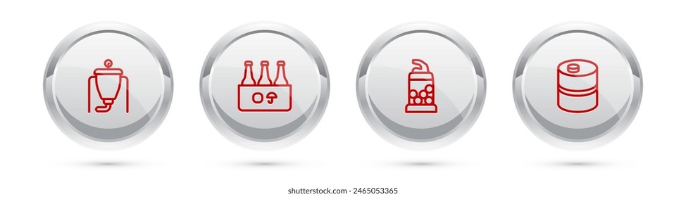 Set line Beer brewing process, Pack of beer bottles, Bottle opener and Metal keg. Silver circle button. Vector