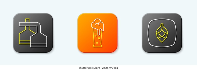 Set line Beer brewing process, Glass of beer and Hop icon. Vector