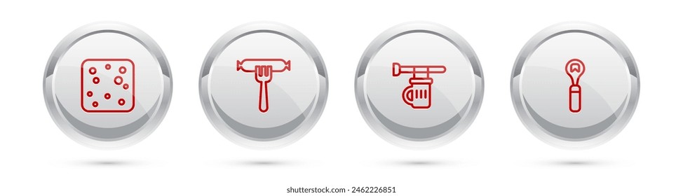 Set line Beer bubbles, Sausage on the fork, Signboard with glass of beer and Bottle opener. Silver circle button. Vector