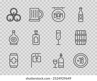 Set line Beer can, Alcohol 18 plus, Street signboard with Bar, Wooden barrels, Whiskey bottle, Wine glass and  icon. Vector