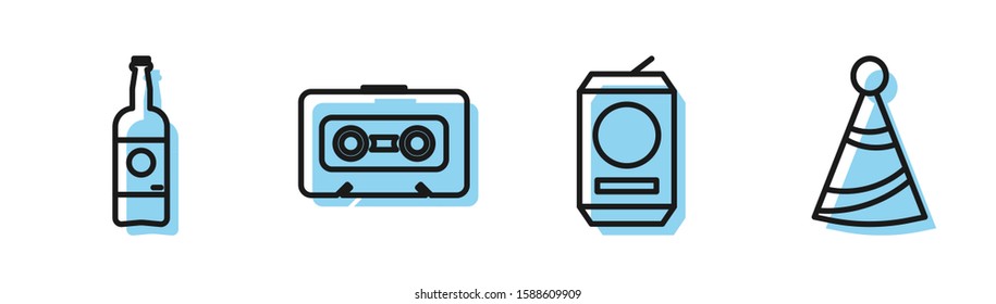 Set line Beer can , Beer bottle , Retro audio cassette tape  and Party hat  icon. Vector