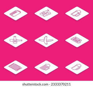 Set line Beer can, bottle and glass, Glass of beer, Crossed, sausage, Street signboard with inscription, Musical instrument accordion and Wooden mug icon. Vector