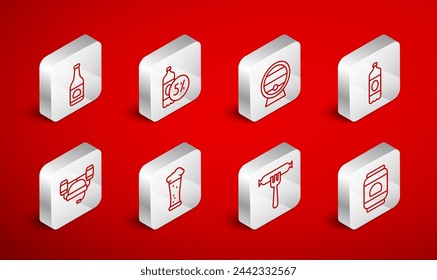 Set line Beer can, bottle, Wooden barrel on rack, Plastic beer, Sausage the fork, Glass of and helmet icon. Vector