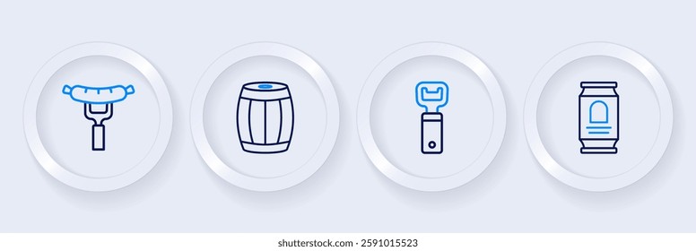 Set line Beer can, Bottle opener, Wooden barrel and Sausage on the fork icon. Vector