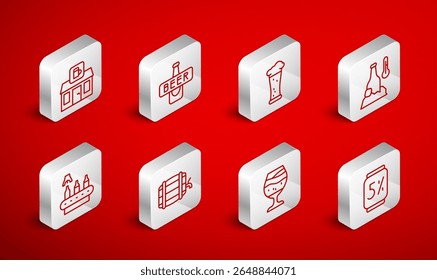 Set line Beer can, bottle, Glass of beer, Cold, Store building shop, Wooden barrel on rack and Conveyor band, icon. Vector