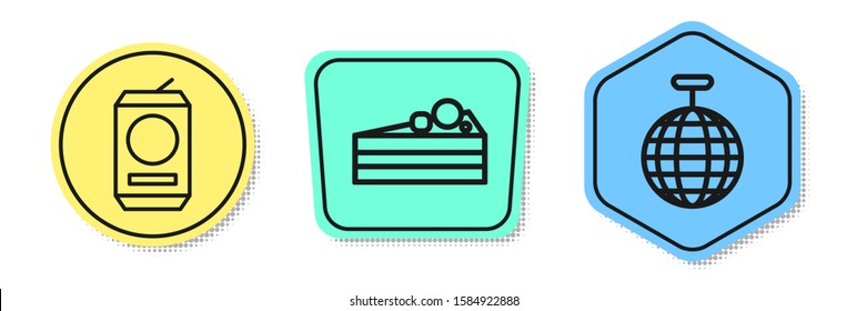 Set line Beer can , Cake  and Disco ball . Colored shapes. Vector