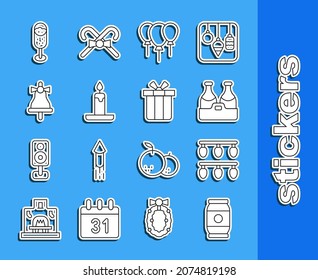 Set line Beer can, Christmas lights, Champagne bottle, Balloons with ribbon, Burning candle, Merry ringing bell, Glass of champagne and Gift box icon. Vector