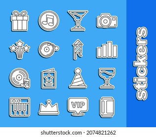 Set line Beer can, Cocktail, Music equalizer, Vinyl player with disk, Firework, Gift box and rocket icon. Vector