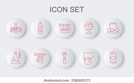 Set line Beer can, Cold beer bottle, Street signboard with, belly, Plastic, Signboard glass of and Bottle opener icon. Vector