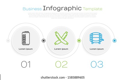 Set line Beer can, Crossed sausage and Wooden barrel on rack with stopcock. Business infographic template. Vector