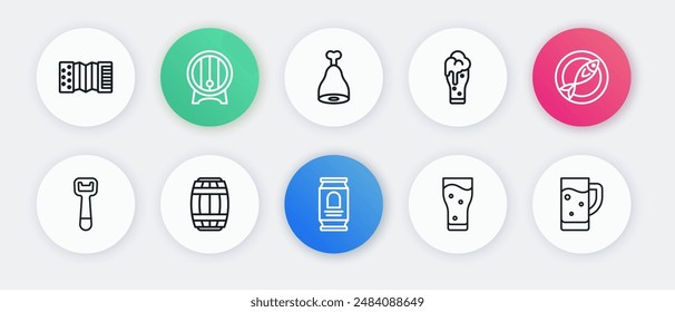 Set line Beer can, Dried fish, Bottle opener, Glass of beer, Chicken leg,  and Wooden barrel icon. Vector