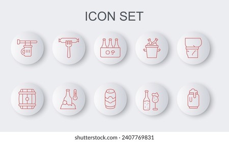 Set line Beer can with foam, Wooden barrel, Pack of beer bottles, and glass, Signboard, Sausage on the fork, Cold and  icon. Vector