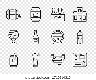 Set line Beer can with foam, menu, Pack of beer bottles, Glass, Wooden barrel on rack, helmet and Plastic icon. Vector
