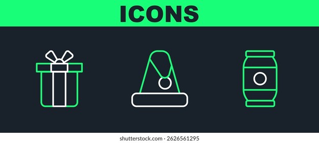 Set line Beer can, Gift box and Christmas Santa Claus hat icon. Vector