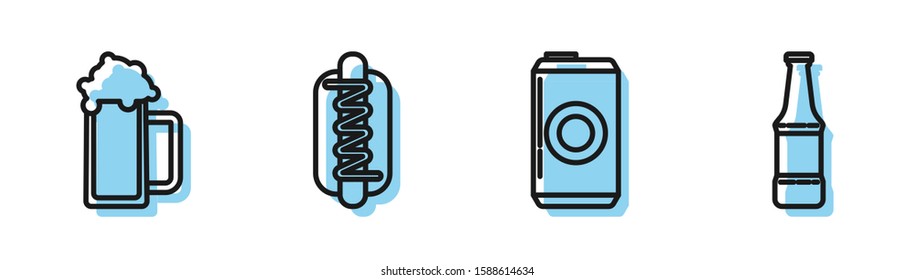 Set line Beer can, Glass of beer, Hotdog sandwich with mustard and Beer bottle icon. Vector