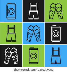 Set line Beer can, Glass of beer and Lederhosen icon. Vector