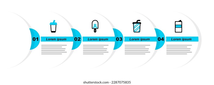 Set line Beer can, Glass with water, Ice cream and  icon. Vector