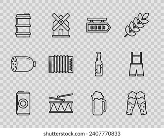 Set line Beer can, Glass of beer, Street signboard with inscription, Musical instrument drum and drum sticks, Metal keg, accordion,  and Lederhosen icon. Vector