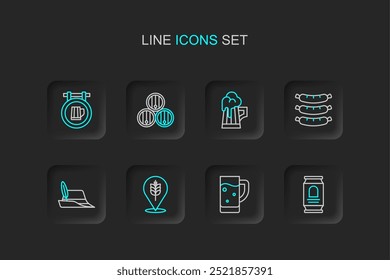 Set line Beer can, Glass of beer, Wheat, Oktoberfest hat, Sausage, Wooden mug, barrel and Street signboard with icon. Vector