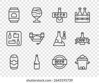 Set line Beer can, Ice bucket, bottle, Plastic beer, helmet, Bottle cap with and  icon. Vector