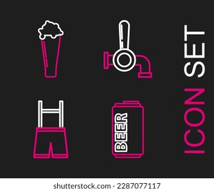 Set line Beer can, Lederhosen, tap and Glass of beer icon. Vector