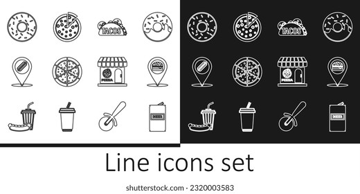 Set line Beer can, Location with burger, Taco tortilla, Pizza, hotdog, Donut, Pizzeria building facade and  icon. Vector