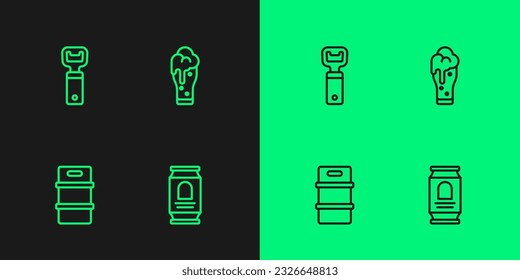 Set line Beer can, Metal beer keg, Bottle opener and Glass of icon. Vector