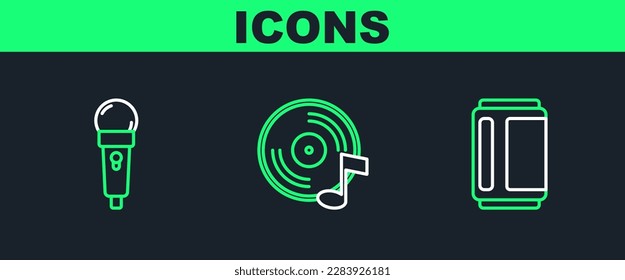 Set line Beer can, Microphone and Vinyl disk icon. Vector