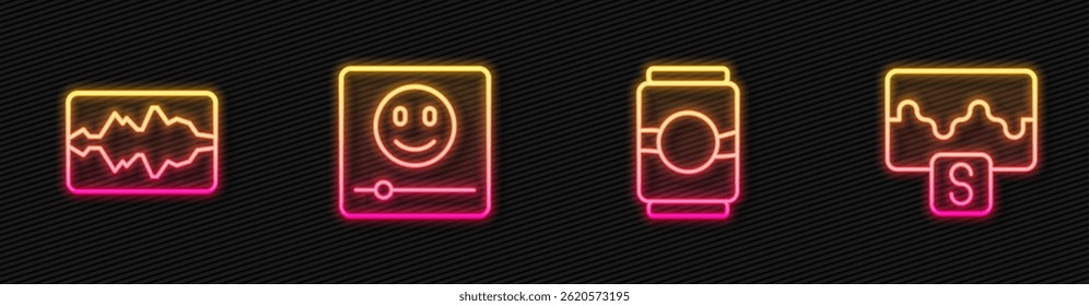 Set line Beer can, Music wave equalizer, player and . Glowing neon icon. Vector