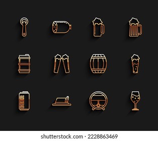 Set line Beer can, Oktoberfest hat, Bottle opener, Wooden barrel on rack with stopcock, Glass of beer,  and  icon. Vector